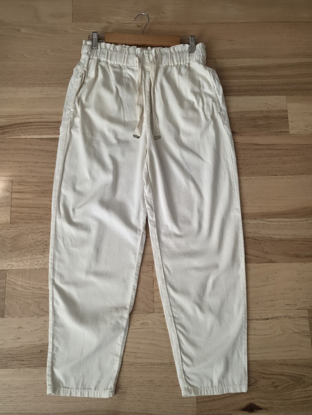 Zara Women's Cotton Cream Drawstring Casual Pants With Pockets Size M
